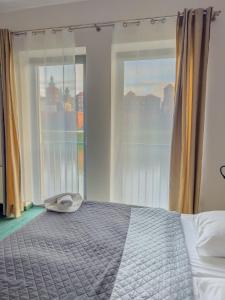 克拉科夫波勒斯基酒店的一间卧室设有一张床和一个大窗户