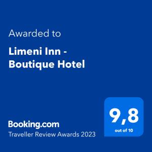 利梅尼Limeni Inn Boutique Hotel Adults only 12plus的酒店为移民精品酒店提供文本的屏幕