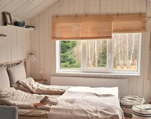 Hand made Off Grid forest Cabin Luna的一间卧室设有两张床和两个窗户。