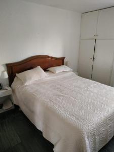 埃斯特角城Frente a playa brava的卧室配有白色的床和2个枕头