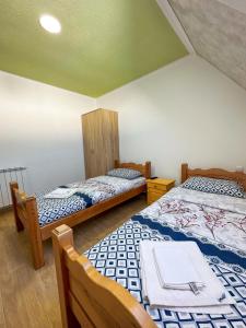 扎布利亚克Gorštak的一间卧室设有两张床和绿色的天花板