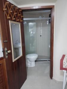布希奥斯Cabana lofft 70 em Tucuns Búzios的一间带卫生间、水槽和镜子的浴室