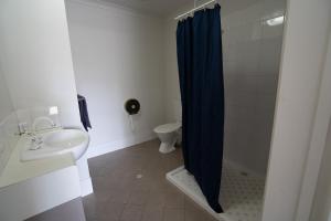 诺斯曼Great Western Motel Norseman的浴室配有蓝色的浴帘和卫生间