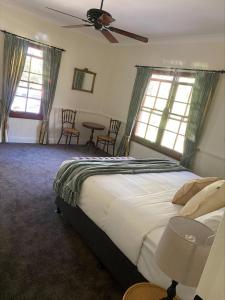 史丹霍普金银花山林小屋的一间卧室设有一张大床和两个窗户。