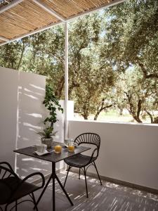 扎金索斯镇Sanpiero Island的一个带大窗户的庭院里的桌椅
