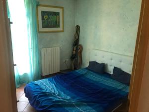 圣拉斐尔Coeur de ville maison piscine的卧室配有蓝色的床,墙上挂有吉他