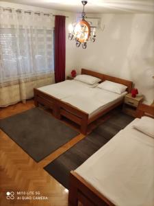 卡尔洛瓦茨House Bogović的一间卧室配有两张床和吊灯。