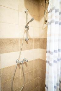 布达佩斯Apartment of Közraktár的浴室内带软管的淋浴