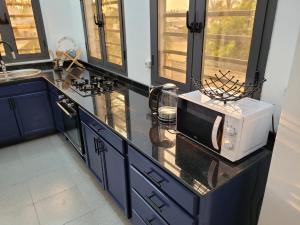洛美Villa MiraMar的厨房配有蓝色橱柜和台面上的微波炉