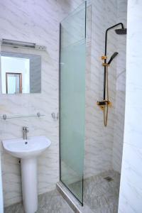 KarsanaLush Meadows Apartments的一间带水槽和玻璃淋浴的浴室