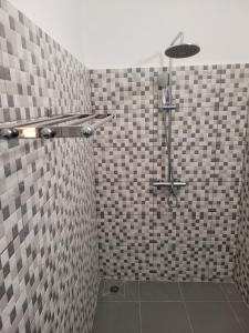 洛美Villa MiraMar的浴室铺有黑白瓷砖,设有淋浴。