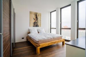 布伦瑞克Panorama Bliss - Luxus Apartment in Braunschweig's Altstadt的一间设有床铺的卧室,位于带窗户的房间内