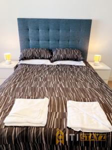 堪培拉Spacious 1bd Penthouse - Close to ANU的一张带蓝色床头板的床和两个枕头