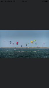 GoedereedeB&B Röderhaus Goedereede的一群风筝在空中飞越水面