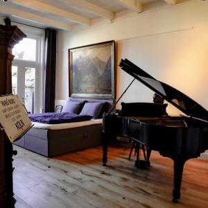 GoedereedeB&B Röderhaus Goedereede的一间卧室配有床和三角钢琴