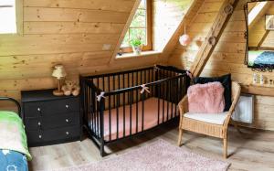 拉德库夫Dom Farmerski w Górach Stołowych的小屋内的房间配有婴儿床和椅子