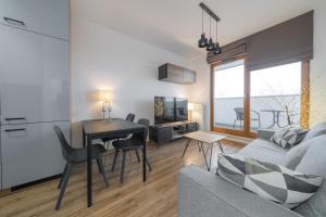 格但斯克Apartament Kapitalny的带沙发和桌子的客厅以及厨房。