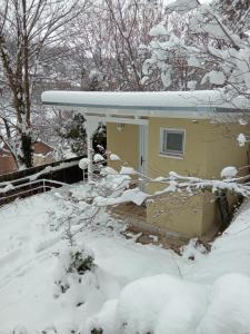 布拉索夫The Bungalow的雪中带雪盖屋顶的房子