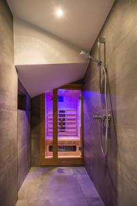 博希尼Residence Novak Bohinj的带淋浴的浴室和带紫色灯的窗户