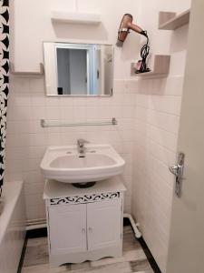 奥尔西瓦勒Iris, Gîte Saint Antoine, Orcival, entre Sancy et Volcans d'Auvergne的白色的浴室设有水槽和镜子