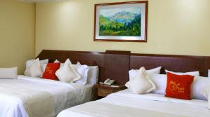 墨西哥城Hotel Real del Sur的酒店客房带两张带红白色枕头的床