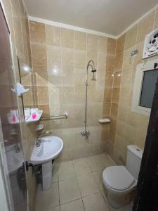 QināGrand Hotel Qena的浴室配有卫生间、盥洗盆和淋浴。