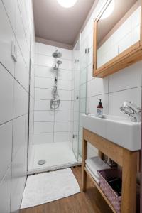 兹戈热莱茨Blick Apartments - Riverview Studio Apartment的带淋浴和盥洗盆的浴室