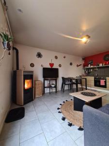 Saint-MauriceLe Cocon - Gite Spa et Sauna privatif en Centre Alsace的客厅设有壁炉和桌子