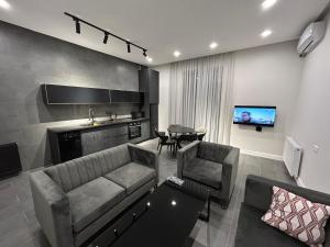 埃里温Cozy apartment的带沙发的客厅和带电视的厨房