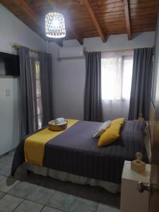 门多萨Hotel Alta Mendoza的一间卧室配有蓝色的床和黄色枕头