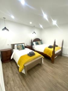 基利贝格斯Wild Atlantic Way Beach Cove View Ballyara的一间卧室配有两张带黄色毯子和灯的床