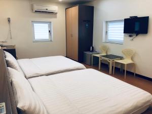 台南来七桃旅店的一间医院间 - 带两张床和电视