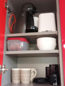 拉特里尼泰STUDIO ROUGE GORGE TARTANE的橱柜里的带碗碟和杯子的架子