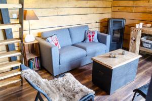AttreLa cabane du cerf et son sauna的客厅配有蓝色的沙发和桌子