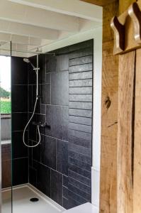 AttreLa cabane du cerf et son sauna的浴室设有黑色瓷砖和淋浴。