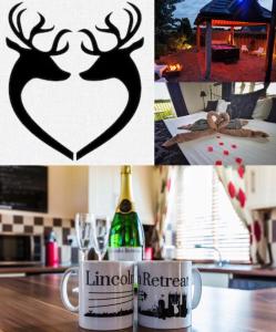 林肯Lincoln Holiday Retreat Lodge with Private Hot Tub的照片与一瓶葡萄酒和鹿的照片拼在一起