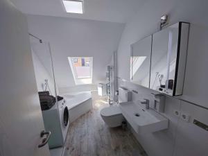瓦尔德布龙Apartments Waldbronn的白色的浴室设有水槽和卫生间。