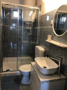 特里班Apartman Mia Ana的带淋浴、卫生间和盥洗盆的浴室