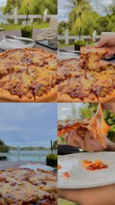 沙璜The Hawk's Nest Resort的一组四张盘子上的比萨饼照片