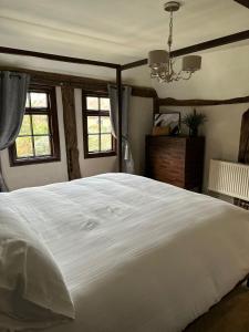 BridgeArms Cottage的卧室设有一张大白色的床铺,设有窗户