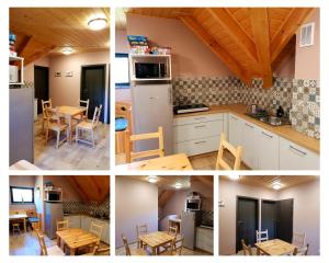 科曼恰Przystanek Letnisko的厨房配有冰箱和桌子,四张图片
