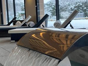 圣迪耶Hôtel Restaurant Le Régal的在雪地健身房里放一排普拉提设备