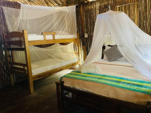 帕洛米诺Finca Escondida的一间卧室配有两张双层床和蚊帐