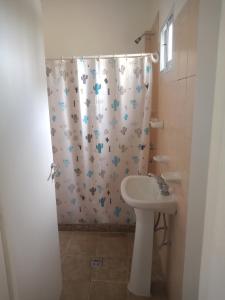GualeguaychúAmarello的浴室配有淋浴帘和盥洗盆。