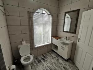 圣卢西亚34 Hornbill Street的一间带卫生间、水槽和窗户的浴室