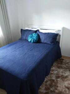 多明戈斯马丁斯QUARTO CASA FREDERICO的蓝色的床,上面有蓝色枕头