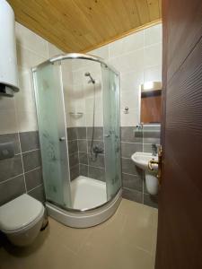 乌宗Yüce Suite的带淋浴、卫生间和盥洗盆的浴室