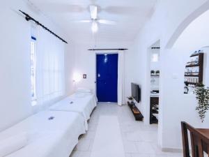 瓦西Anticlea II的一间拥有白色墙壁和蓝色门的房间