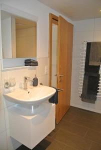 阿彭策尔Ferienwohnung Blaues Haus的白色的浴室设有水槽和镜子