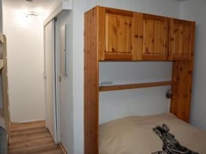 普拉洛尼昂拉瓦努瓦斯Appartement Pralognan-la-Vanoise, 2 pièces, 4 personnes - FR-1-464-92的一间卧室配有一张带木制橱柜的双层床。
